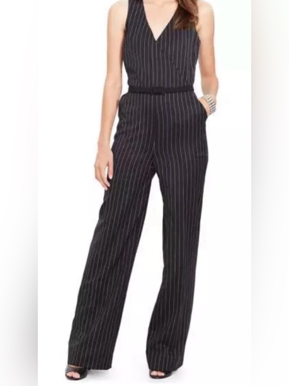 Lauren Ralph Lauren 100% Wool Pinstripe Jumpsuit Sleeveless Faux Wrap NWT Size 6